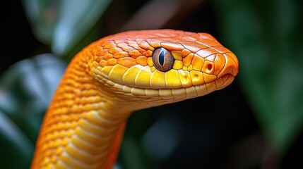 Fototapeta premium Close-up of a vibrant orange snake's head with a green blurred background.