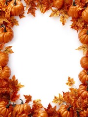 An autumnthemed frame showcases colorful gourds, charming pumpkins, vibrant leaves, and pine cones, perfect for seasonal decorations and festive fall celebrations that capture the harvest spirit