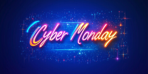 Vibrant illuminated 'Cyber Monday' text on a bold blue background, perfect for digital promotions and online shopping events