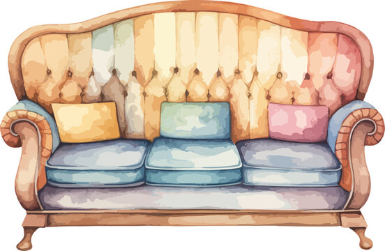 recommend clip art: watercolor illustration of a blue chesterfield sofa