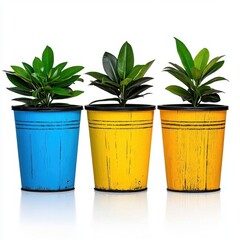Obraz premium A photostock of colorful painted metal buckets, perfect for DIY or garden themes, isolated on white background, High Quality