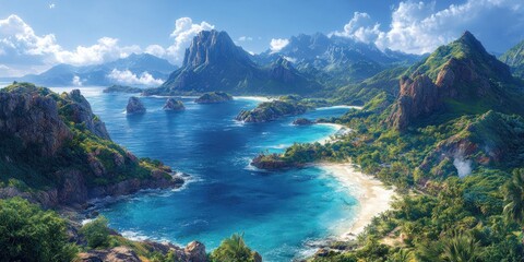 Obraz premium Tropical island paradise with turquoise waters, lush green vegetation, and white sandy beaches.