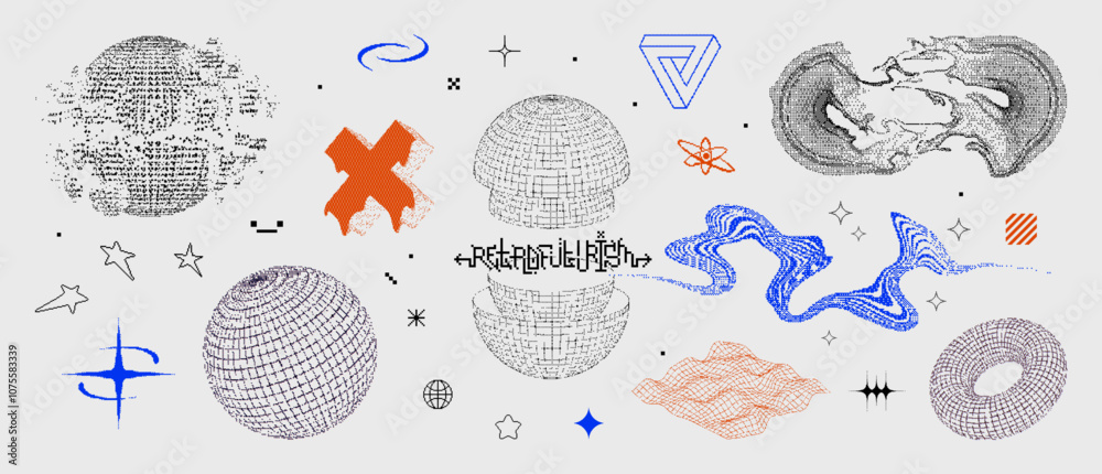Aufkleber Universal Retrofuturistic 3D shapes. Sci-fi trendy elements in vaporwave style from 80s-90s. Bitmax style 3D shapes, old digital wave with pixels and glitch effect. Vector shapes, graphic collection