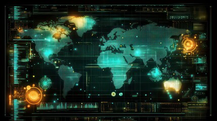 A world map made up of glowing dots on a digital screen, showing charts and data in the background