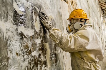 Worker in protective gear scrapes mold from a damp wall in an industrial setting. Generative AI
