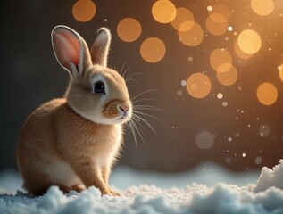 Cute rabbit on golden blurred background with bokeh effect and copy space. New Year, Christmas card with pet.