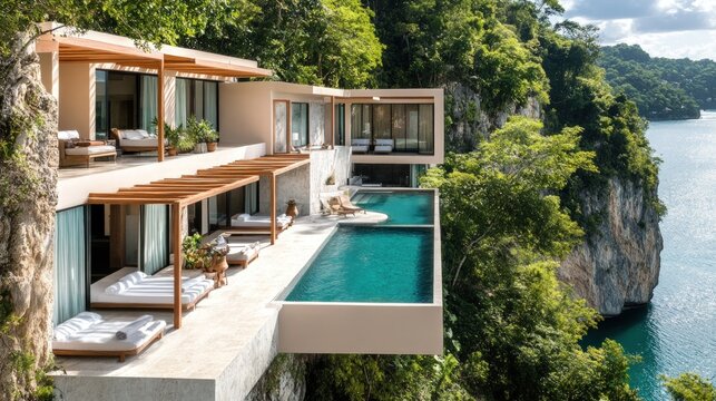 Modern cliffside villa with infinity pool overlooking tropical ocean.