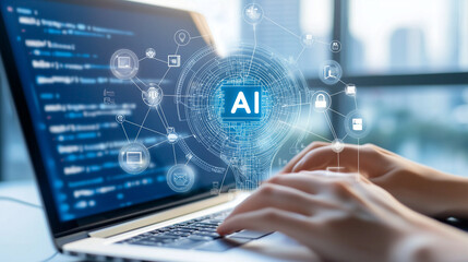 Hands typing on a laptop with AI icons connected around the screen, symbolizing the integration of artificial intelligence into daily digital workflows. Ideal for visuals on AI in