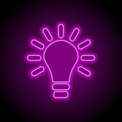 Light bulb simple icon. Flat design. Purple neon on black background