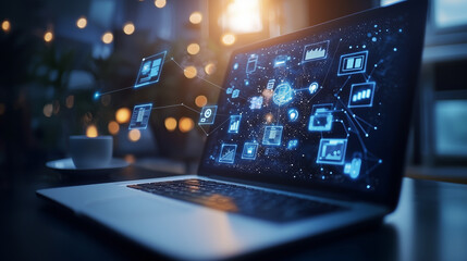 Concept of artificial intelligence and data networks visualized through a laptop interface, with icons representing various digital processes connected to AI. Perfect for themes on