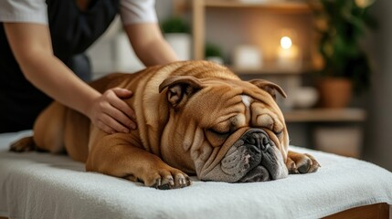 Veterinarian performing relaxing massage therapy on english bulldog