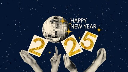 2025 New year art collage trendy stop motion. Halftone hands with disco ball and gold glitter numbers. Modern retro looped seamless animation. New year eve, festive party, holiday concept