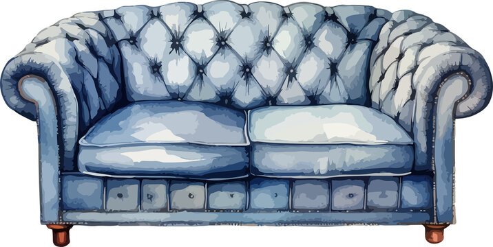 recommend clip art: watercolor illustration of a blue chesterfield sofa