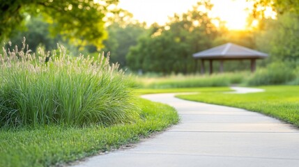 Obraz premium Tranquil park with a peaceful gazebo and winding path illuminated by a serene sunset amidst lush greenery