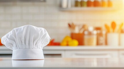 Classic white chef hat placed on a kitchen counter, symbolizing culinary professionalism and passion for cooking