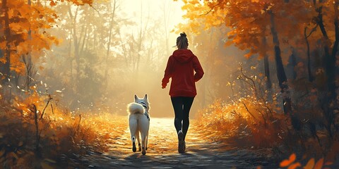 Fototapeta premium A Person Walks Their Dog Along a Tranquil Autumn Trail Surrounded by Vibrant Foliage During the Golden Hour of Early Evening