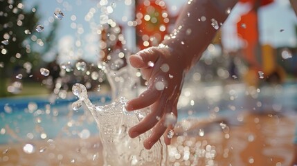 A spray of water droplets coming off a splash pad hitting a childs outstretched hand.