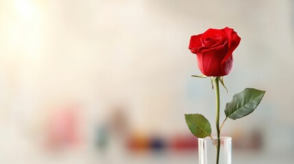 Fototapeta premium Stunning red rose in a glass vase, ideal for romantic occasions like valentine's day