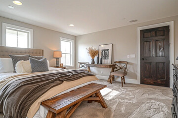 A bedroom with a bed, wooden bench, table, chairs, and a dark wooden door. Light beige walls and carpet. Rustic vintage look