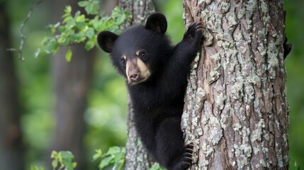 Obraz premium Bear In Tree. Adorable Black Bear Cub Climbing Tree in Forest