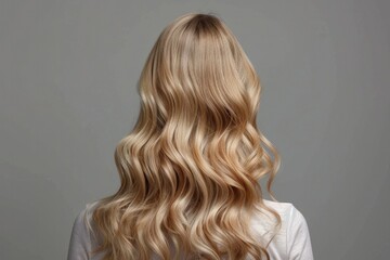 Naklejka premium Blonde Hair Close Up. Rear View of Young Woman with Wavy Hair on Gray Background
