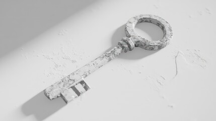 A weathered key rests on a pristine white surface, revealing its delicate features and an air of intrigue.