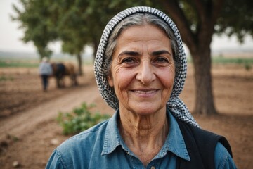 Close portrait of a smiling senior Syrian female farmer standing and looking at the camera, outdoors Syrian rural blurred background