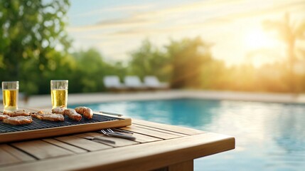 Grilled meat and beer served poolside at sunset create the perfect summer evening ambiance