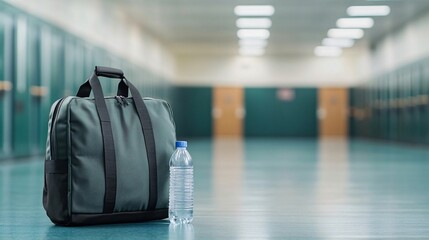 Obraz premium Prepared for pe class: gym bag and water bottle in school locker room corridor