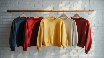 Women's sweatshirts, shirts, and blouses in all the colors of the rainbow are neatly hung on wooden hangers, arranged in order, against a white brick wall. This concept highlights an updated wardrobe 