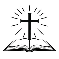 A black cross on an open book with rays of light emanating from behind it, representing a religious or spiritual symbol