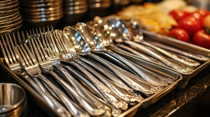 Closeup of clean silverware on a serving tray.