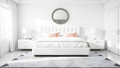 a bedroom with a bed and a mirror on the wall