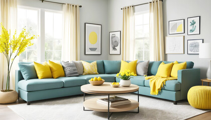 a living room with a blue couch and yellow pillows and a coffee table