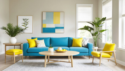 a living room with a blue couch and yellow pillows