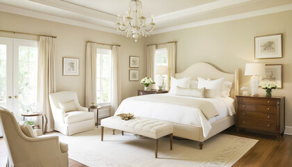 The master bedroom of the house is decorated in white and has a large bed with white pillows