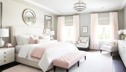 a bedroom with a pink and white bed and a white chair