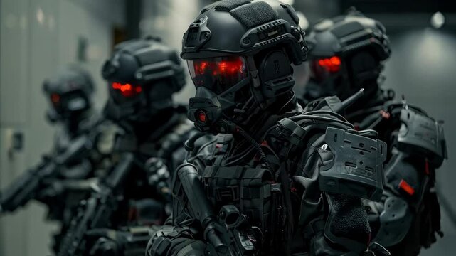 Elite tactical unit with advanced equipment. Special forces, SWAT team. Soldiers with future gear. Police operation, the fight against terrorism concept.