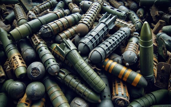 A close-up view of a pile of various military grenades and munitions, showcasing their green and metal casings, textures, and detailed designs. The image highlights the diversity of explosive devices
