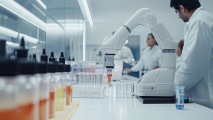 Cobot in Laboratory. A collaborative robot (cobot) is working in a modern laboratory, handling test tubes and liquids, with scientists in the background.