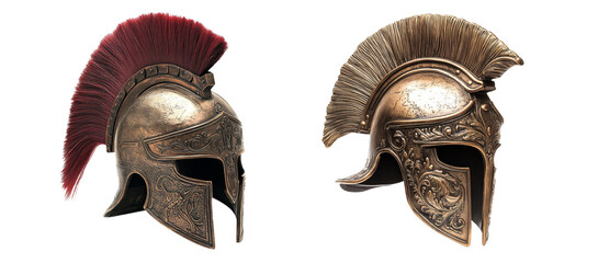 Bronze battle helmets with intricate engravings, perfect for historical themes