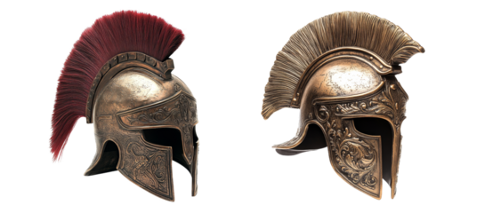 Bronze battle helmets with intricate engravings, perfect for historical themes