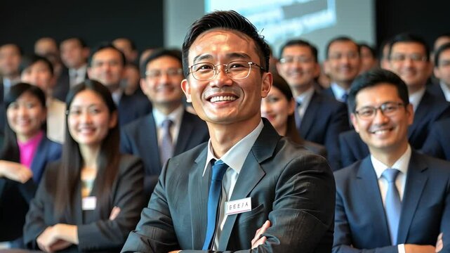 Professional conference attendees engage in networking and discussions in a large venue during a formal business event