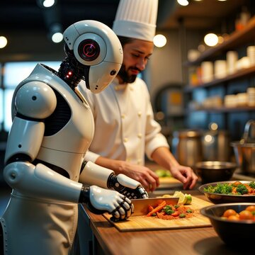 Robot chef assisting human. A robot and a human chef collaborating in a restaurant kitchen, preparing food.