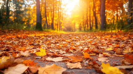 Golden hour sunlight illuminates fallen leaves covering a path through a colorful autumn forest