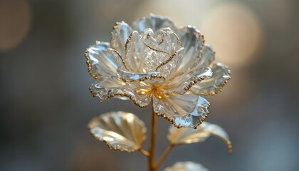 Exquisite clear glass rose with golden edges in soft focus for elegant decor radiates love and coolness