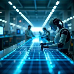 Robots in high-tech factory. Robots working at a futuristic control panel in a modern factory, with a human in the background.