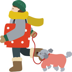 겨울 쇼핑하는 여자와 강아지