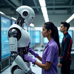 Fototapeta premium Robotics engineer working with ai. A female engineer examines a humanoid robot in a high-tech lab.