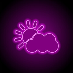 Cloud sun simple icon. Flat design. Purple neon on black background